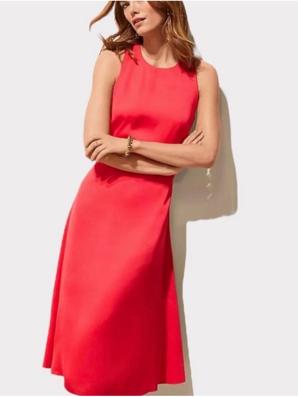 NWT ANN TAYLOR Coral-Red Silky Criss Cross Back Sleeveless Midi Cocktail Dress 4